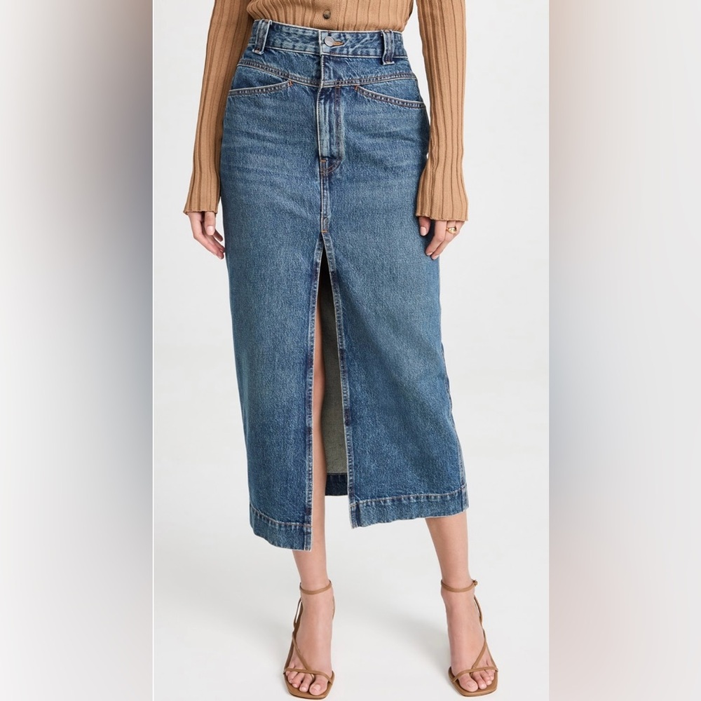 KHAITE Neer Denim Front Slit Midi Skirt